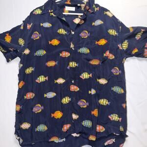 Vintage Tuttle Golf Mens Size Large Short Sleeve Camp Shirt Blue Tropical Fish